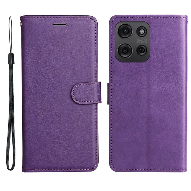 For Motorola Moto G75 5G Case Solid Color Leather Mobile Cover Wallet Stand with Strap - Purple