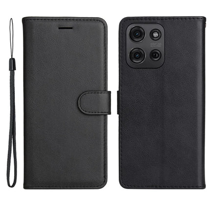 For Motorola Moto G75 5G Case Solid Color Leather Mobile Cover Wallet Stand with Strap - Black
