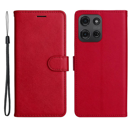 For Motorola Moto G75 5G Case Solid Color Leather Mobile Cover Wallet Stand with Strap - Red