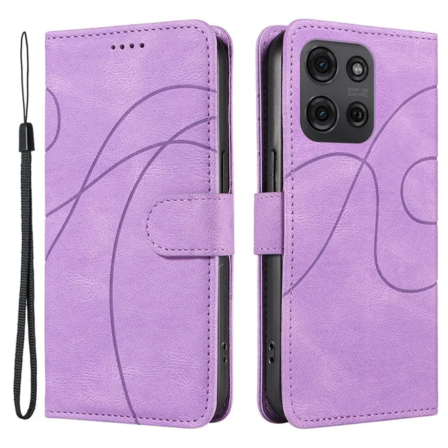 For Motorola Moto G75 5G Case Stand Wallet Leather Phone Cover Curved Line Wrist Strap - Light Purple
