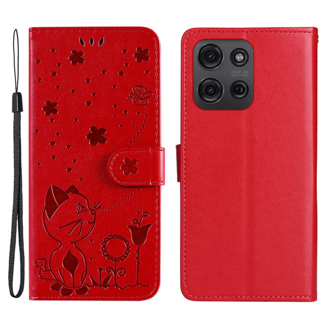 For Motorola Moto G75 5G Case Cat Bee Pattern Leather Phone Cover - Red