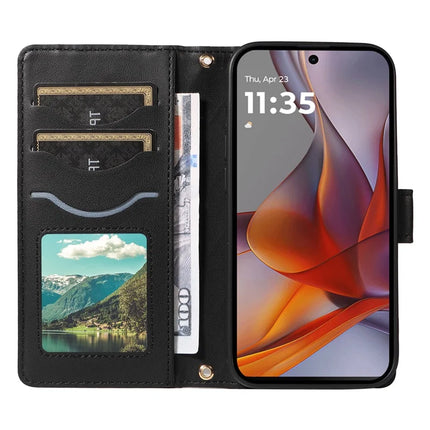 For Motorola Moto G75 5G Wallet Case Rhombus Leather Phone Cover with Shoulder Strap, Wrist Strap