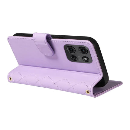 For Motorola Moto G75 5G Wallet Case Rhombus Leather Phone Cover with Shoulder Strap, Wrist Strap
