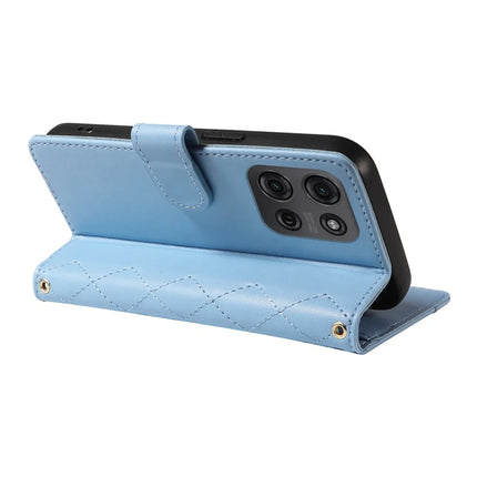 For Motorola Moto G75 5G Wallet Case Rhombus Leather Phone Cover with Shoulder Strap, Wrist Strap