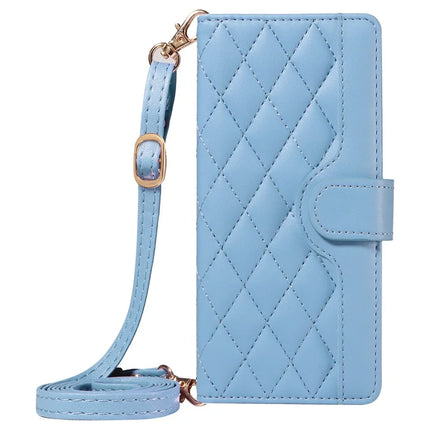 For Motorola Moto G75 5G Wallet Case Rhombus Leather Phone Cover with Shoulder Strap, Wrist Strap
