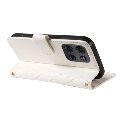 For Motorola Moto G75 5G Wallet Case Rhombus Leather Phone Cover with Shoulder Strap, Wrist Strap