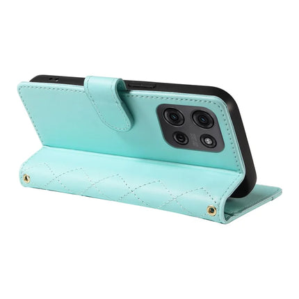 For Motorola Moto G75 5G Wallet Case Rhombus Leather Phone Cover with Shoulder Strap, Wrist Strap
