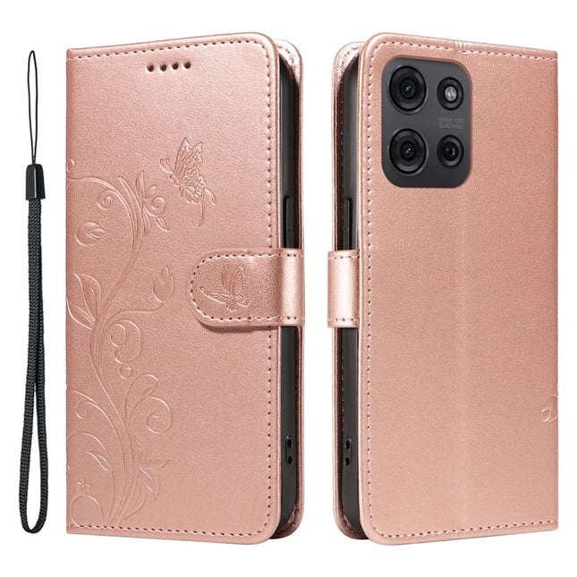 For Motorola Moto G75 5G Case Flower Pattern PU Leather Wallet Phone Cover - Rose Gold