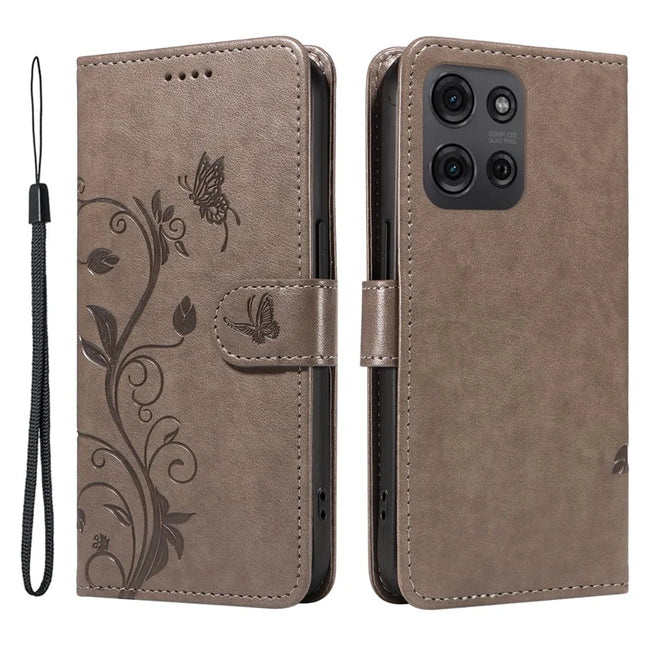 For Motorola Moto G75 5G Case Flower Pattern PU Leather Wallet Phone Cover - Grey
