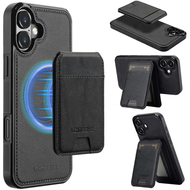LC.IMEEKE L3 For iPhone 16 Plus Magnetic Case Detachable Card Holder Leather+TPU Mobile Cover - Black