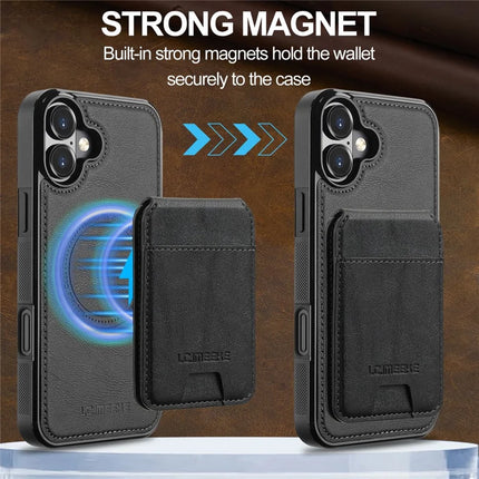 LC.IMEEKE L3 For iPhone 16 Plus Magnetic Case Detachable Card Holder Leather+TPU Mobile Cover
