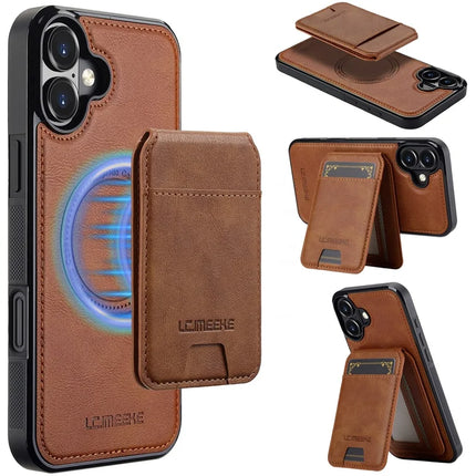 LC.IMEEKE L3 For iPhone 16 Plus Magnetic Case Detachable Card Holder Leather+TPU Mobile Cover - Brown