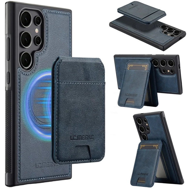 LC.IMEEKE L3 For Samsung Galaxy S23 Ultra Magnetic Case Detachable Card Holder Leather+TPU Mobile Cover - Blue