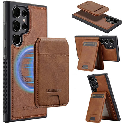 LC.IMEEKE L3 For Samsung Galaxy S23 Ultra Magnetic Case Detachable Card Holder Leather+TPU Mobile Cover - Brown