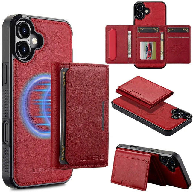 LC.IMEEKE L5 For iPhone 16 Plus Magnetic Phone Case Leather Back Cover with Detachable Card Holder - Red