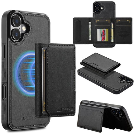 LC.IMEEKE L5 For iPhone 16 Plus Magnetic Phone Case Leather Back Cover with Detachable Card Holder - Black