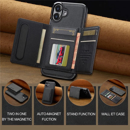 LC.IMEEKE L5 For iPhone 16 Plus Magnetic Phone Case Leather Back Cover with Detachable Card Holder
