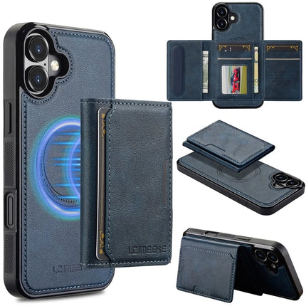 LC.IMEEKE L5 For iPhone 16 Plus Magnetic Phone Case Leather Back Cover with Detachable Card Holder - Blue