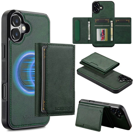 LC.IMEEKE L5 For iPhone 16 Plus Magnetic Phone Case Leather Back Cover with Detachable Card Holder - Green