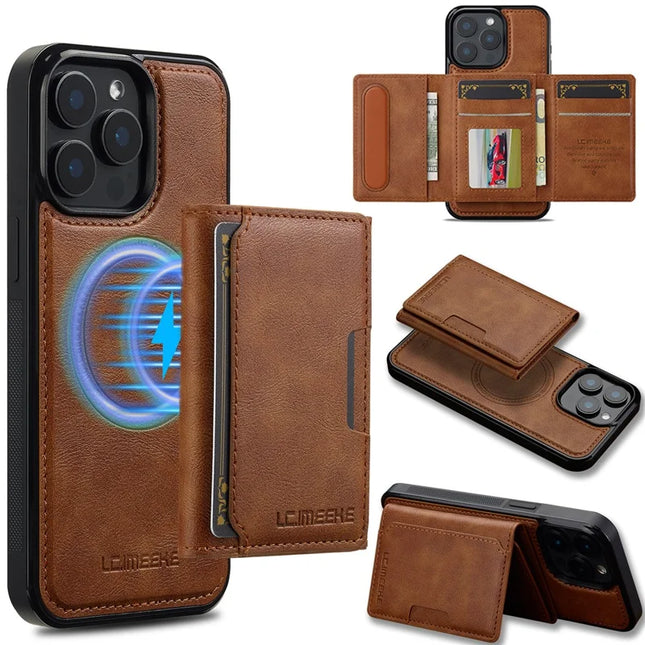 LC.IMEEKE L5 For iPhone 15 Pro Max Magnetic Phone Case Leather Back Cover with Detachable Card Holder - Brown