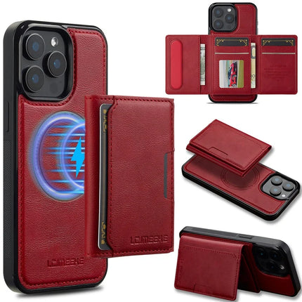 LC.IMEEKE L5 For iPhone 15 Pro Max Magnetic Phone Case Leather Back Cover with Detachable Card Holder - Red