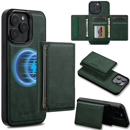 LC.IMEEKE L5 For iPhone 15 Pro Max Magnetic Phone Case Leather Back Cover with Detachable Card Holder - Green