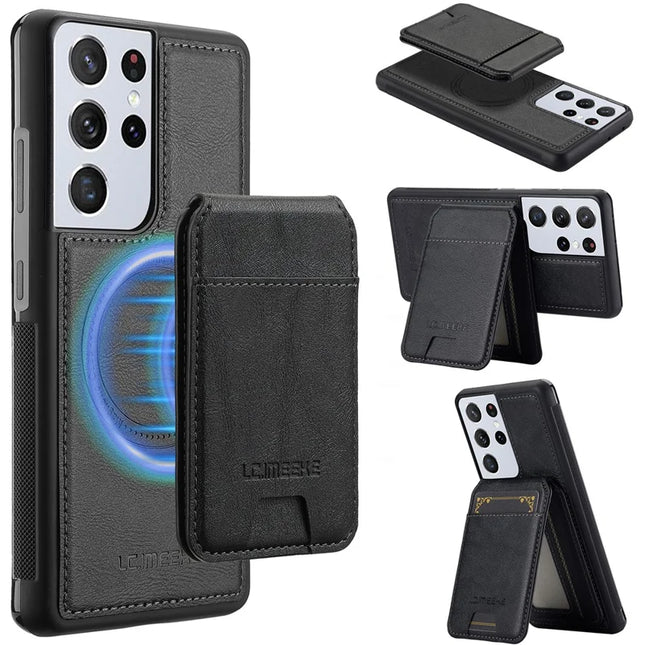 LC.IMEEKE L3 For Samsung Galaxy S22 Ultra 5G Magnetic Case Detachable Card Holder Leather+TPU Mobile Cover - Black