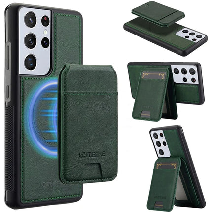 LC.IMEEKE L3 For Samsung Galaxy S22 Ultra 5G Magnetic Case Detachable Card Holder Leather+TPU Mobile Cover - Green