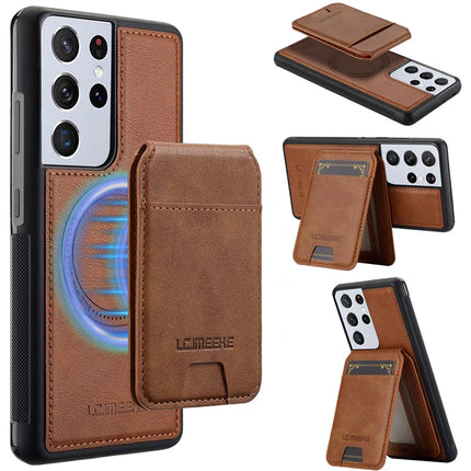 LC.IMEEKE L3 For Samsung Galaxy S22 Ultra 5G Magnetic Case Detachable Card Holder Leather+TPU Mobile Cover - Brown