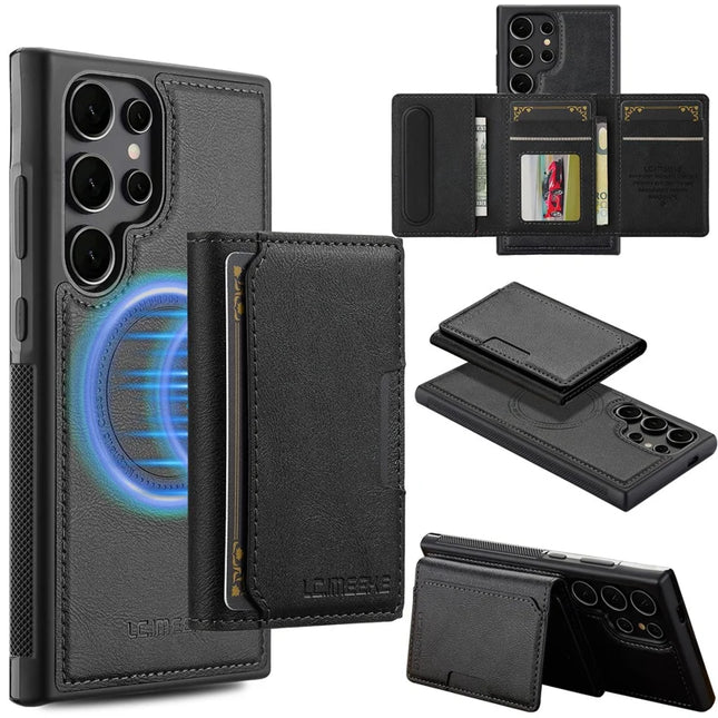 LC.IMEEKE L5 For Samsung Galaxy S23 Ultra Magnetic Phone Case Leather Back Cover with Detachable Card Holder - Black