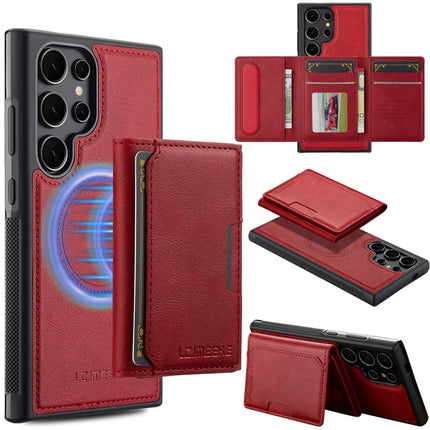 LC.IMEEKE L5 For Samsung Galaxy S23 Ultra Magnetic Phone Case Leather Back Cover with Detachable Card Holder - Red