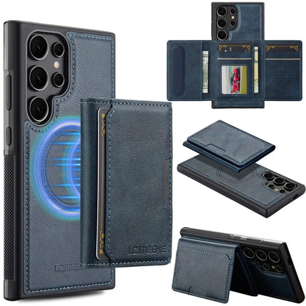LC.IMEEKE L5 For Samsung Galaxy S23 Ultra Magnetic Phone Case Leather Back Cover with Detachable Card Holder - Blue