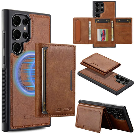 LC.IMEEKE L5 For Samsung Galaxy S22 Ultra 5G Magnetic Phone Case Leather Back Cover with Detachable Card Holder - Brown