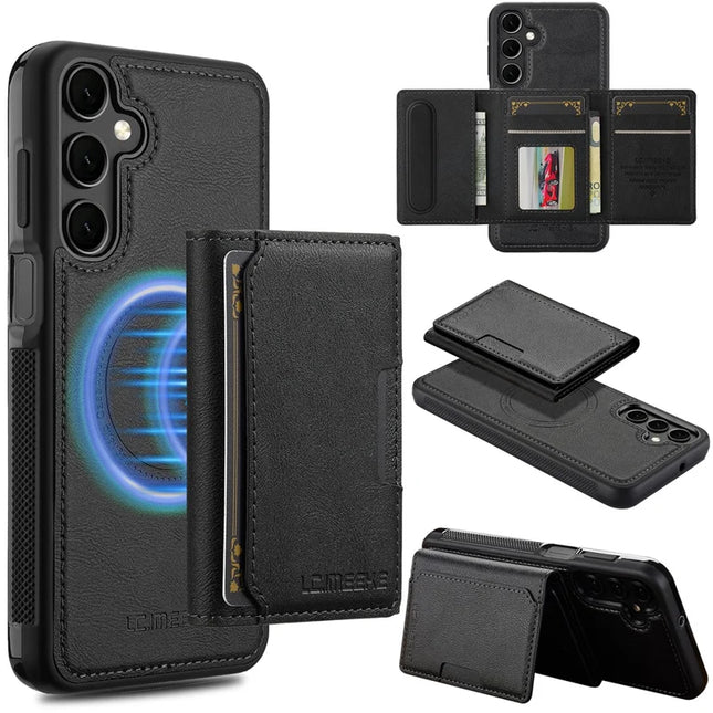 LC.IMEEKE L5 For Samsung Galaxy S23 FE Magnetic Phone Case Leather Back Cover with Detachable Card Holder - Black
