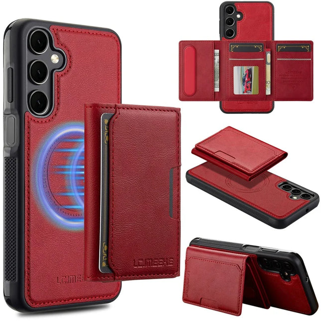 LC.IMEEKE L5 For Samsung Galaxy S23 FE Magnetic Phone Case Leather Back Cover with Detachable Card Holder - Red