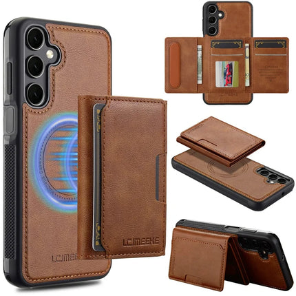 LC.IMEEKE L5 For Samsung Galaxy S23 FE Magnetic Phone Case Leather Back Cover with Detachable Card Holder - Brown