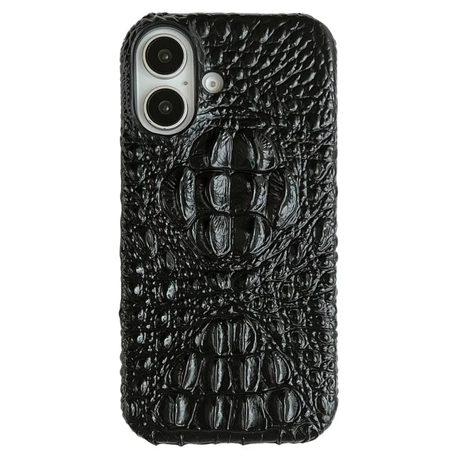 For iPhone 16 Case Crocodile Head Genuine Cow Leather Coated PC Phone Cover - Black
