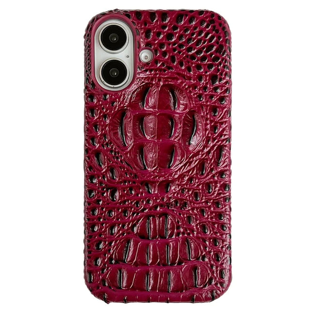 For iPhone 16 Case Crocodile Head Genuine Cow Leather Coated PC Phone Cover - Red