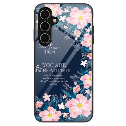 For Samsung Galaxy A16 5G  /  4G Case Tempered Glass+PC+TPU Phone Protector Pattern Printing - Pink Flowers