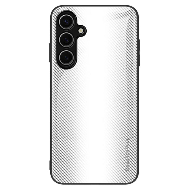 For Samsung Galaxy A16 5G  /  4G Case Carbon Fiber Texture Tempered Glass+TPU Phone Cover - White