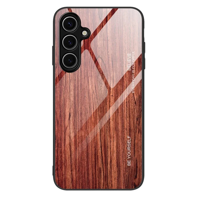 For Samsung Galaxy A16 5G  /  4G Case TPU+Tempered Glass Back Phone Cover Wood Texture - Wine Red