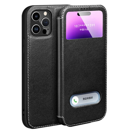 For iPhone 16 Pro Max Case Genuine Cow Leather View Window Phone Cover - Black