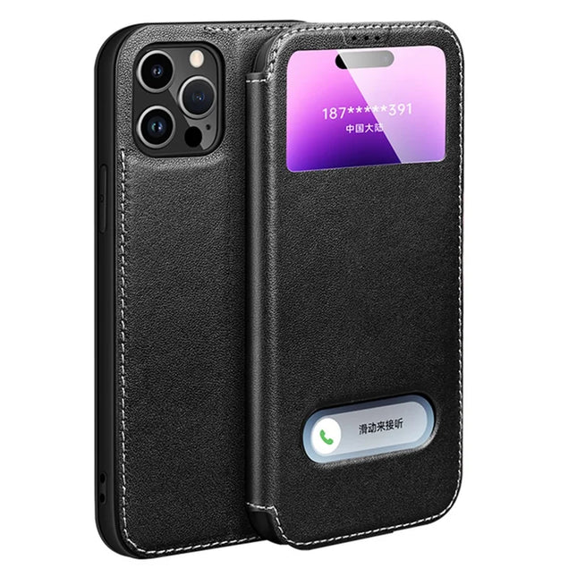 For iPhone 16 Pro Max Case Genuine Cow Leather View Window Phone Cover - Black