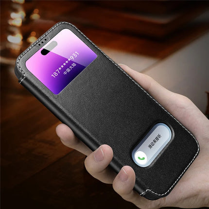 For iPhone 16 Pro Max Case Genuine Cow Leather View Window Phone Cover