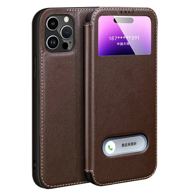 For iPhone 16 Pro Max Case Genuine Cow Leather View Window Phone Cover - Brown