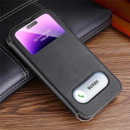 For iPhone 16 Pro Max Case Genuine Cow Leather View Window Phone Cover