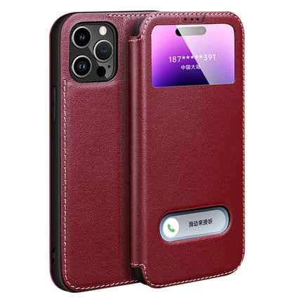 For iPhone 16 Pro Max Case Genuine Cow Leather View Window Phone Cover - Red