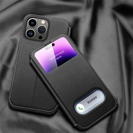For iPhone 16 Pro Max Case Genuine Cow Leather View Window Phone Cover