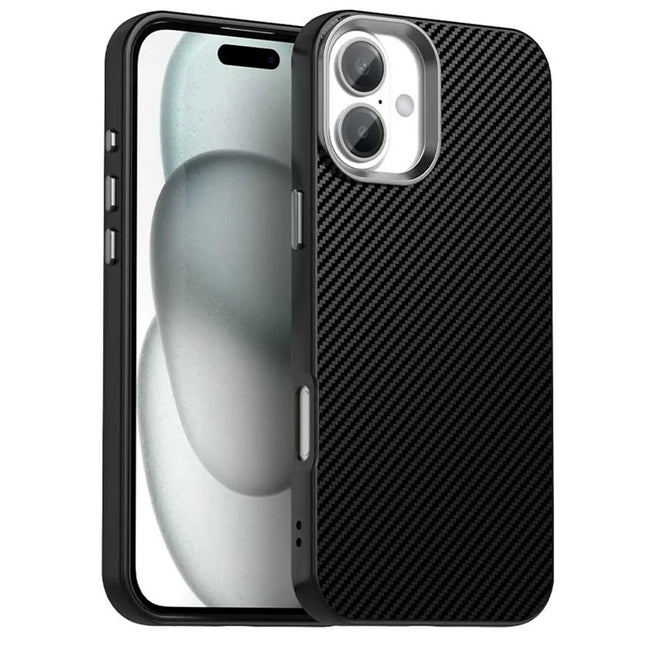 For iPhone 16 Plus Case Cell Phone Hybrid Back Cover Carbon Fiber Texture - Black