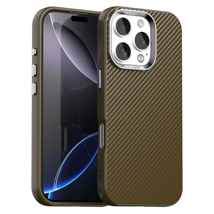 For iPhone 16 Pro Case Cell Phone Hybrid Back Cover Carbon Fiber Texture - Brown